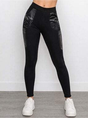 High-Rise Black Faux-Leather Detail Leggings